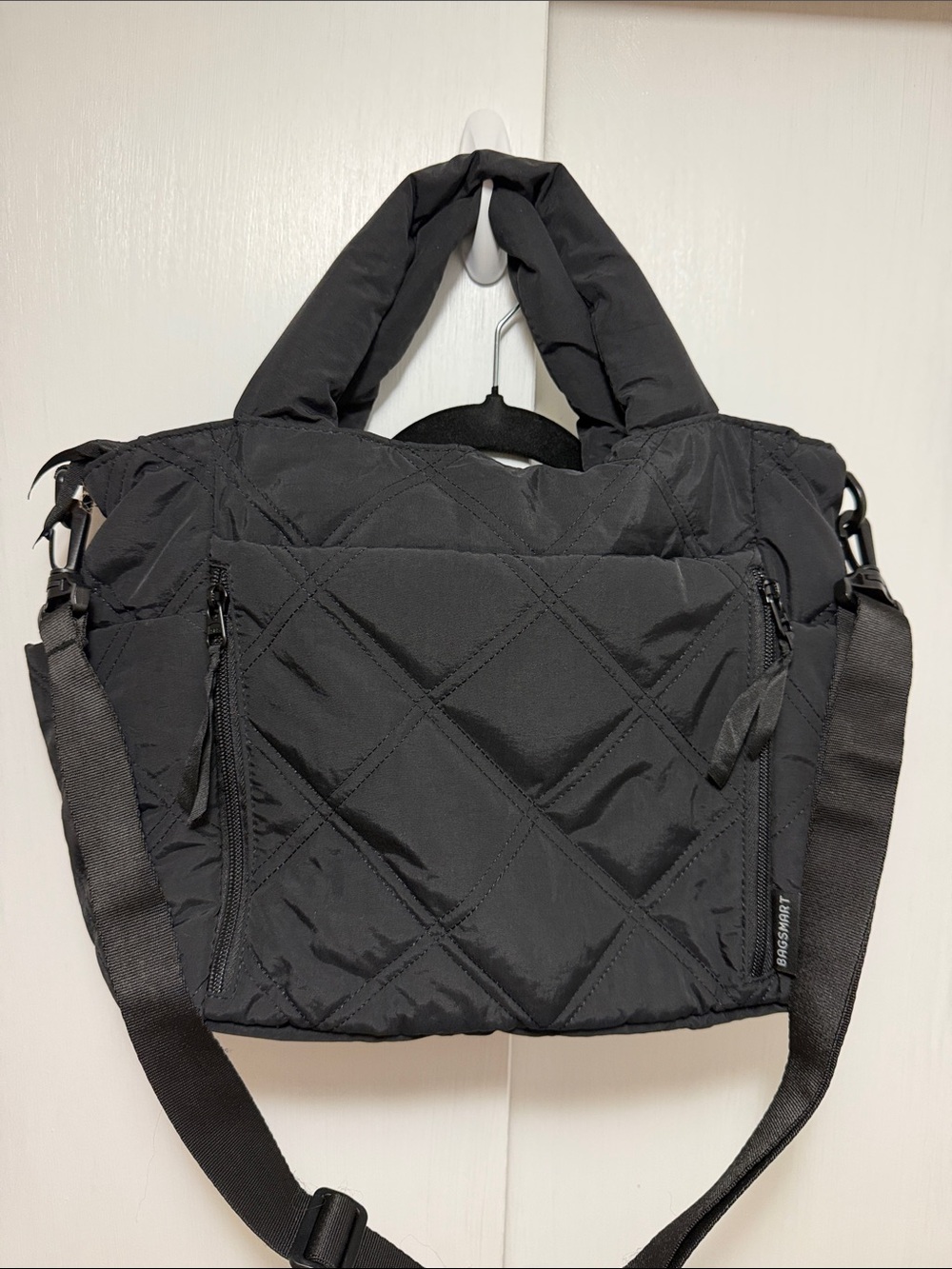 Black Quilted Messenger Bag with Adjustable Strap